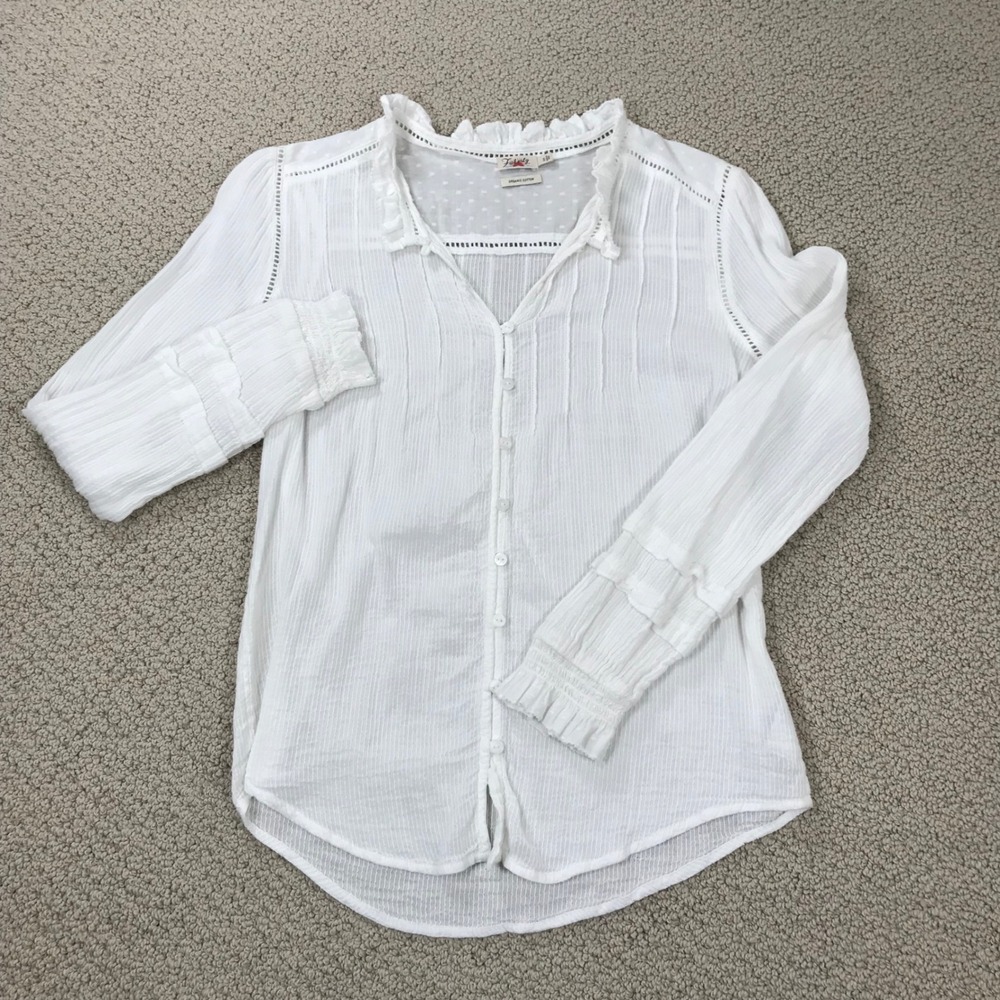 Faherty White Organic Cotton Pintuck Ruffle Blouse Swiss Dot Lace Top Small - Picture 2 of 7